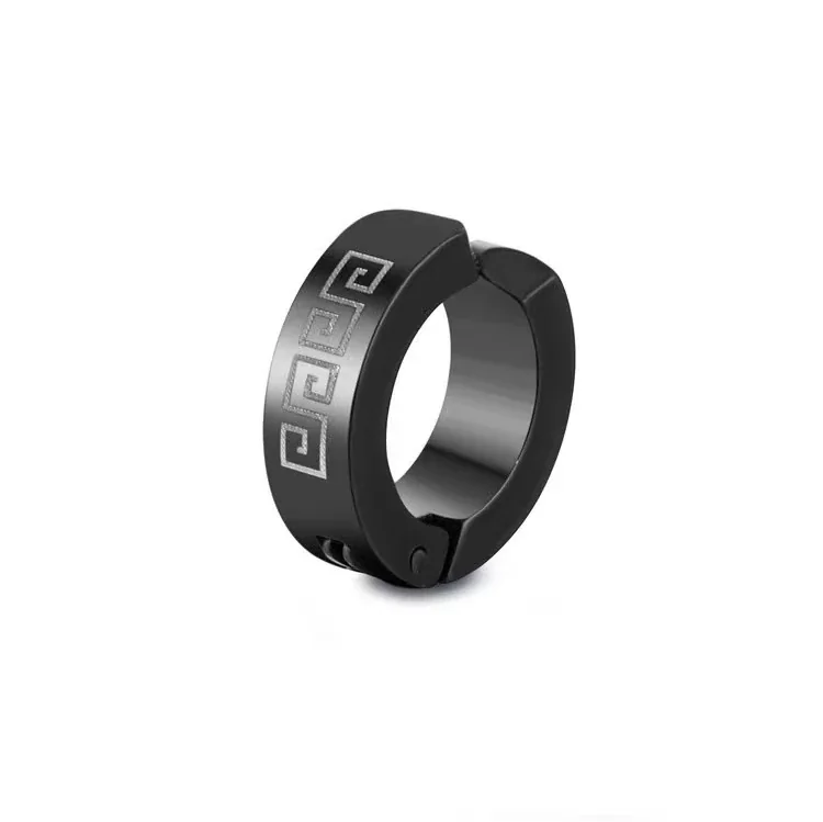 Graphic Stainless Steel Silver-Tone Greek Key Hoop Earrings - Black Clip-On Greek Key