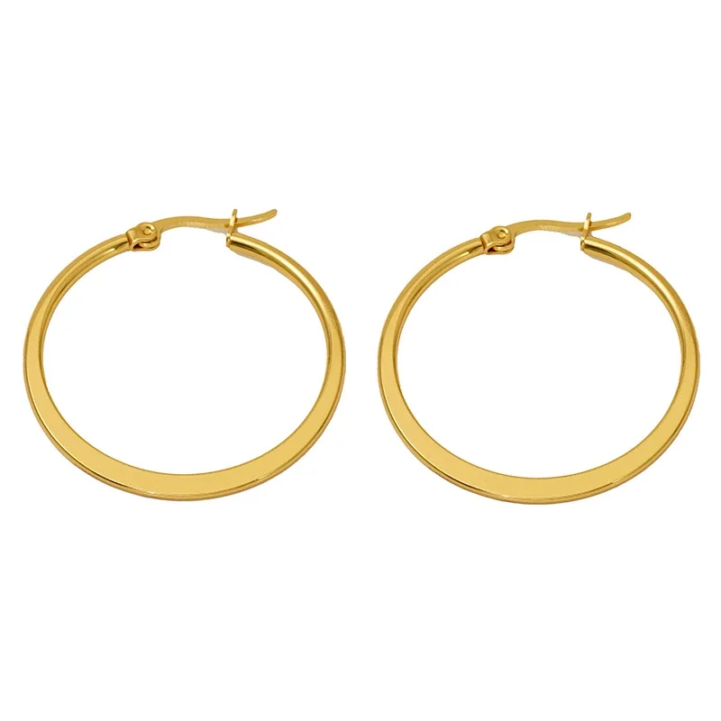 Polished Gold-Plated Stainless Steel Flat Round Hoop Earrings