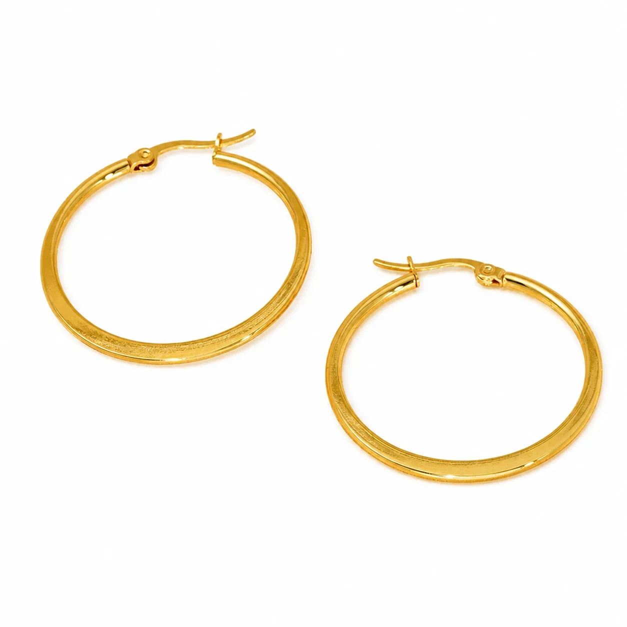 Polished Gold-Plated Stainless Steel Flat Round Hoop Earrings