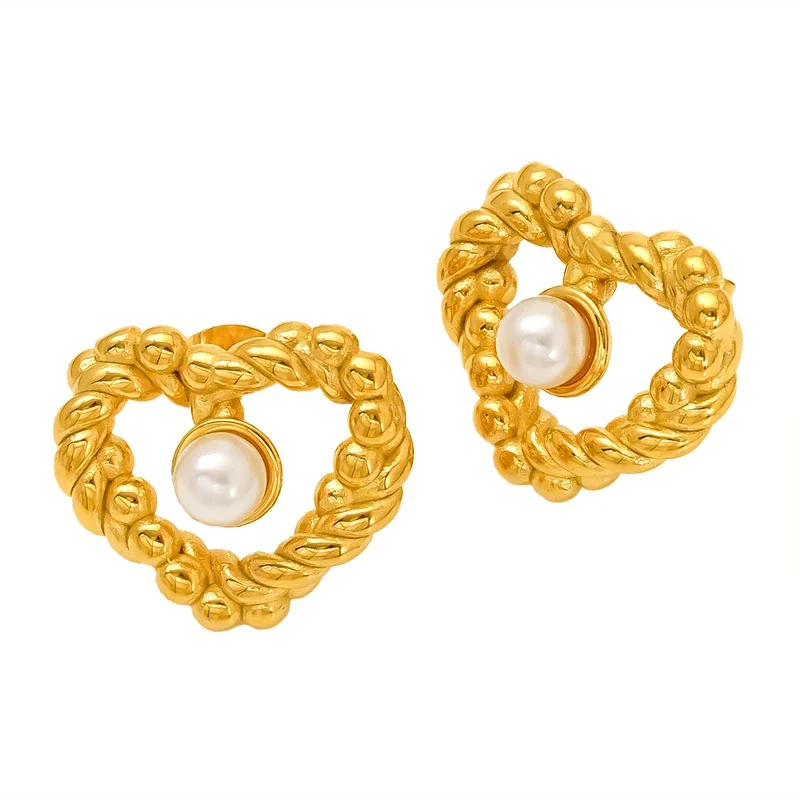 Ornate Gold-Plated Heart Bow Pearl-Effect Stud Earrings