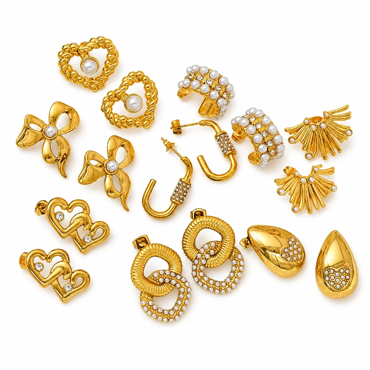 Ornate Gold-Plated Heart Bow Pearl-Effect Stud Earrings