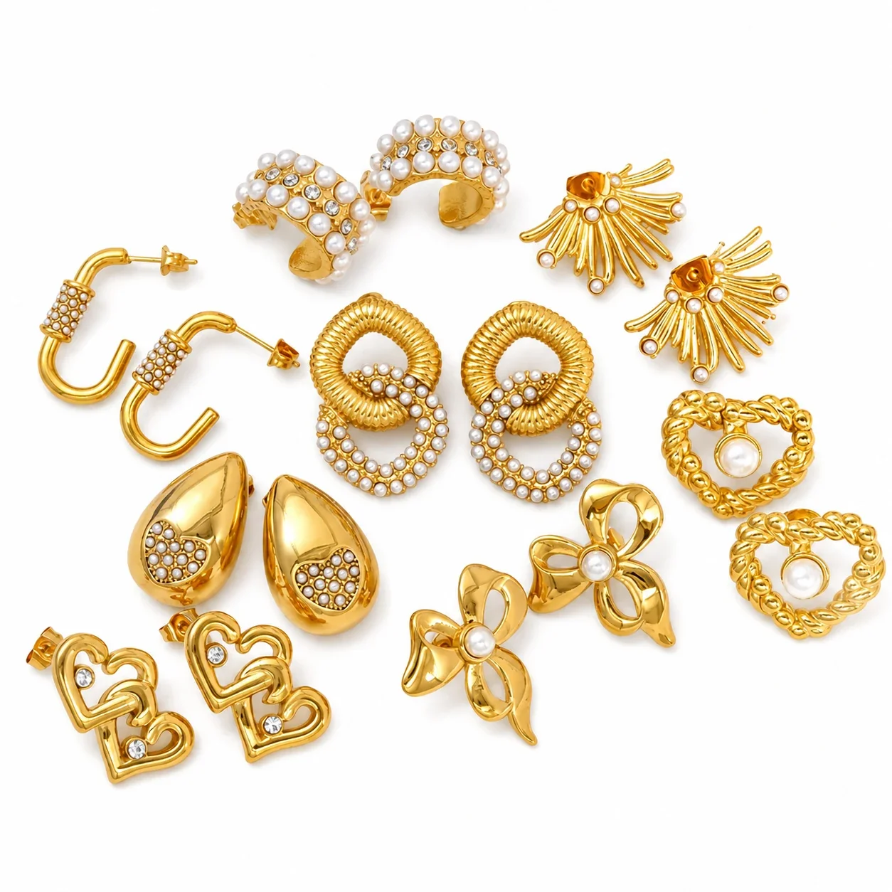 Ornate Gold-Plated Heart Bow Pearl-Effect Stud Earrings