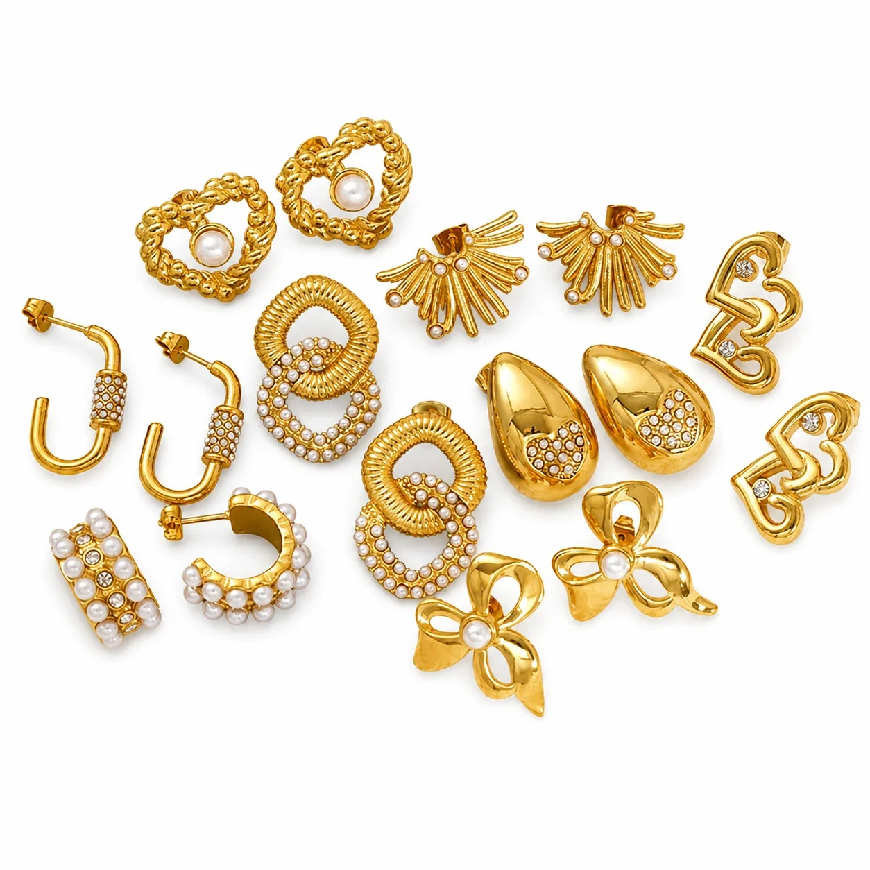 Ornate Gold-Plated Heart Bow Pearl-Effect Stud Earrings