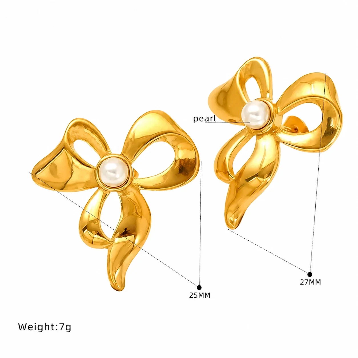 Ornate Gold-Plated Heart Bow Pearl-Effect Stud Earrings - Gold Double Heart Crystal