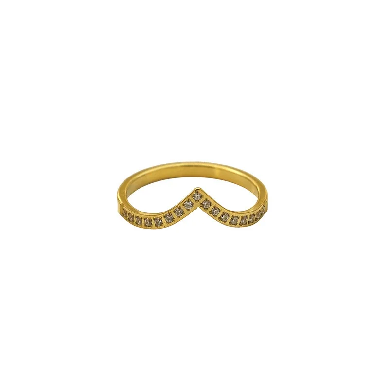 Chevron 316 Stainless Steel Pavé Round CZ Stacking Ring - Gold