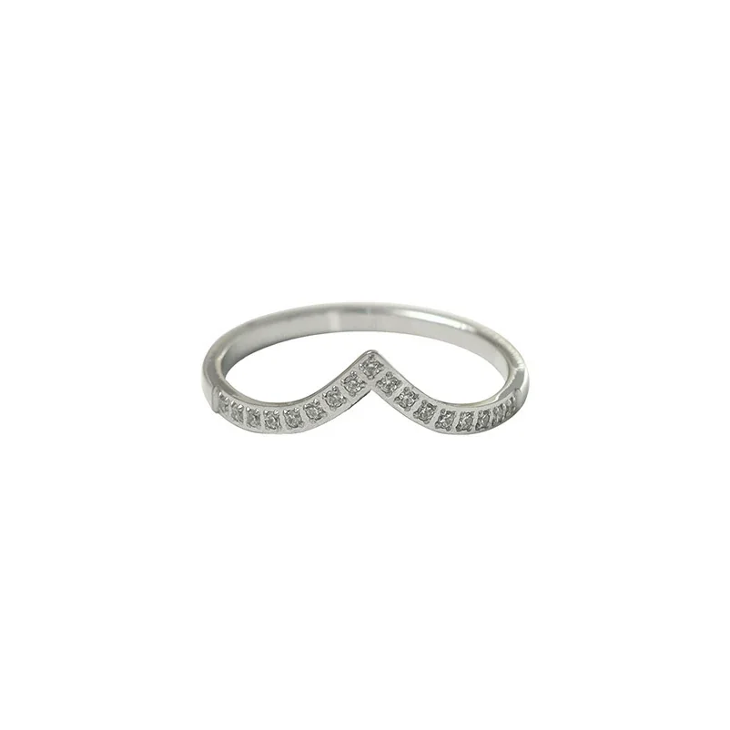 Chevron 316 Stainless Steel Pavé Round CZ Stacking Ring - Silver