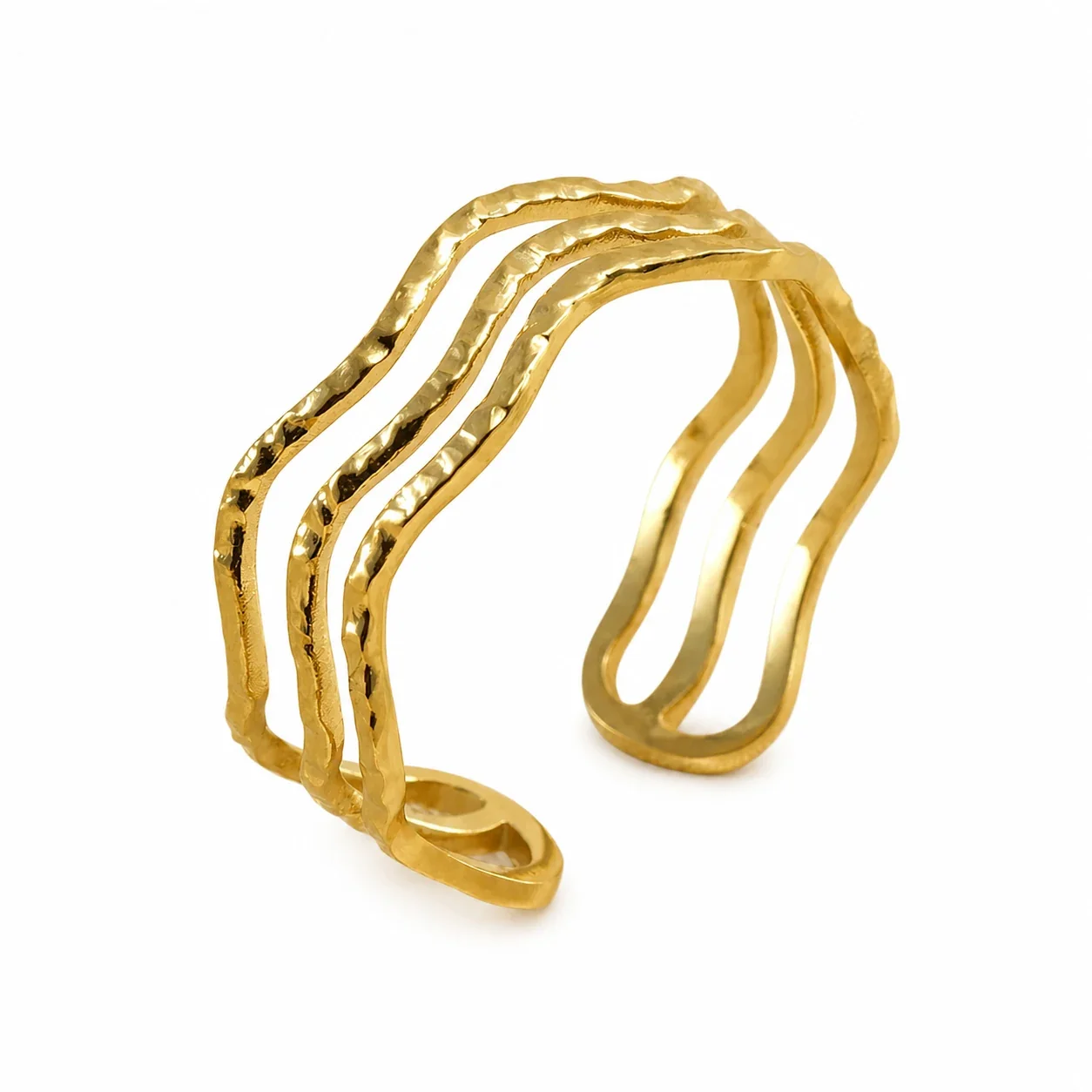 Textured Gold-Plated Wavy Open-Front Stainless Steel Ring