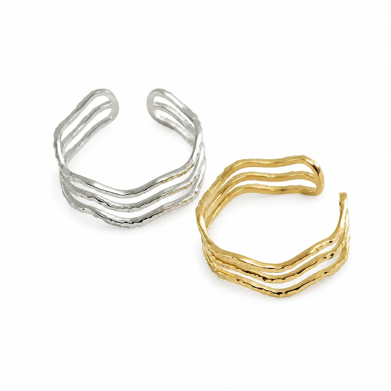Textured Gold-Plated Wavy Open-Front Stainless Steel Ring