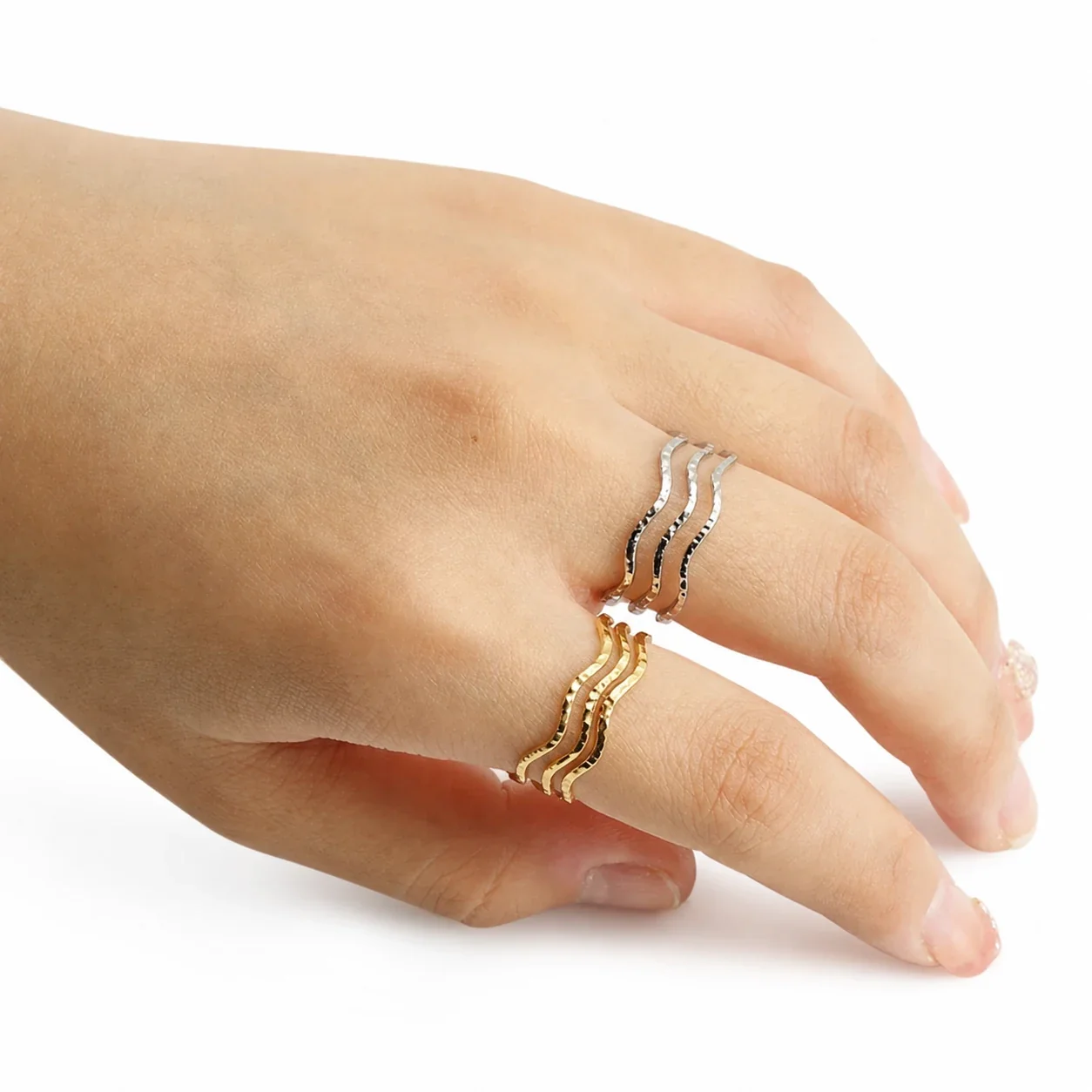 Textured Gold-Plated Wavy Open-Front Stainless Steel Ring