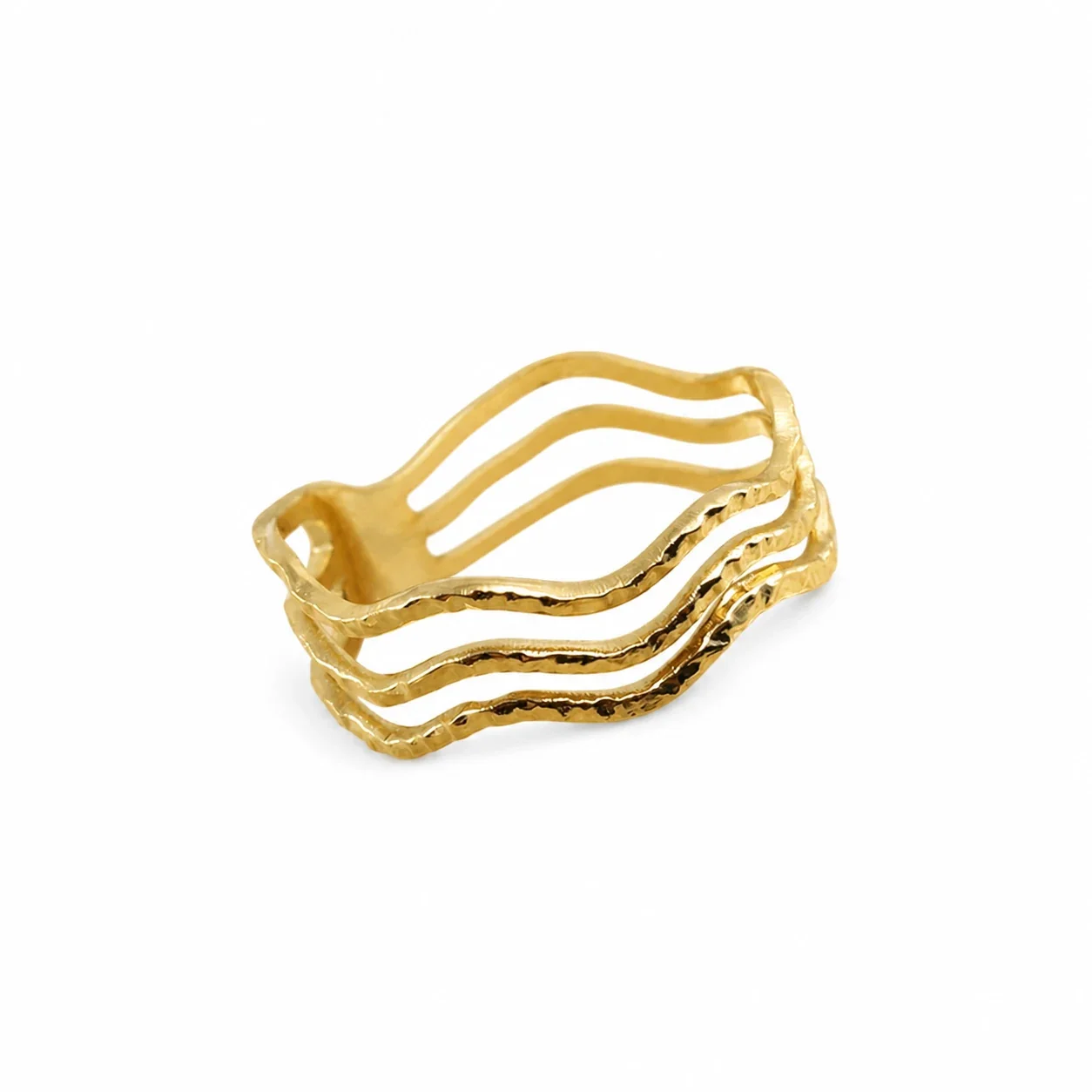 Textured Gold-Plated Wavy Open-Front Stainless Steel Ring