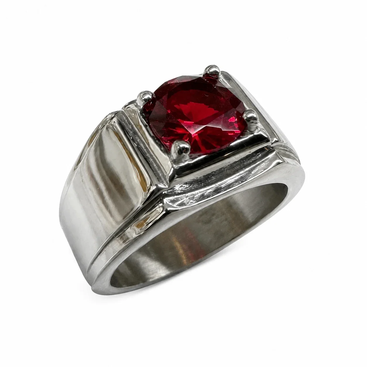 Bold 316 Stainless Steel Round Stone Signet Ring - Red