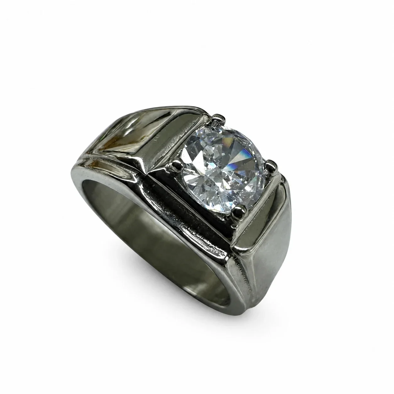 Bold 316 Stainless Steel Round Stone Signet Ring - Clear
