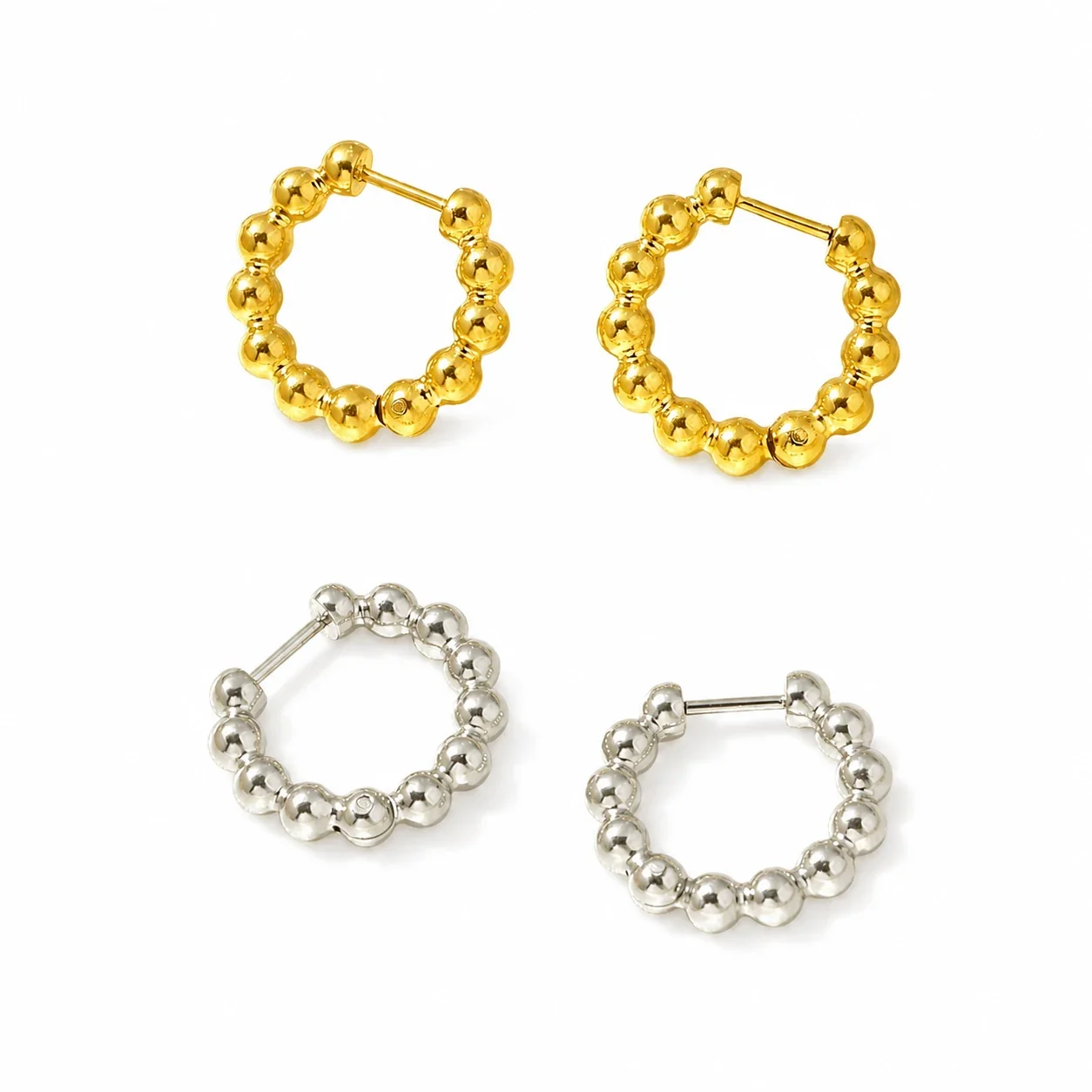 Polished Stainless Steel Bead Hoop Earrings