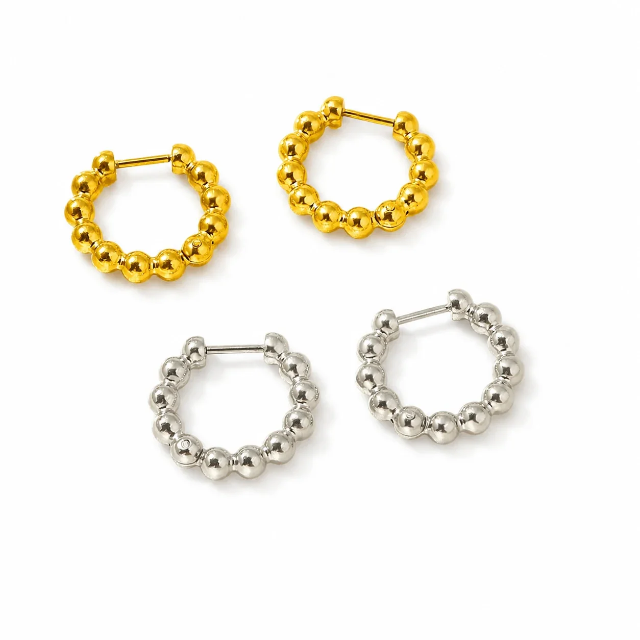 Polished Stainless Steel Bead Hoop Earrings