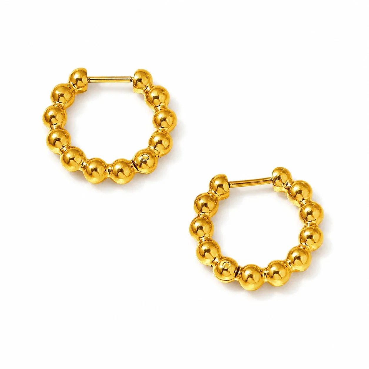 Polished Stainless Steel Bead Hoop Earrings - Gold
