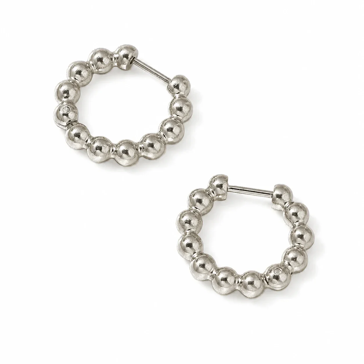 Polished Stainless Steel Bead Hoop Earrings - Silver