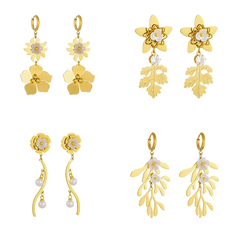 Drop Earrings with Floral Leaf Motifs, Gold-Plated Stainless Steel