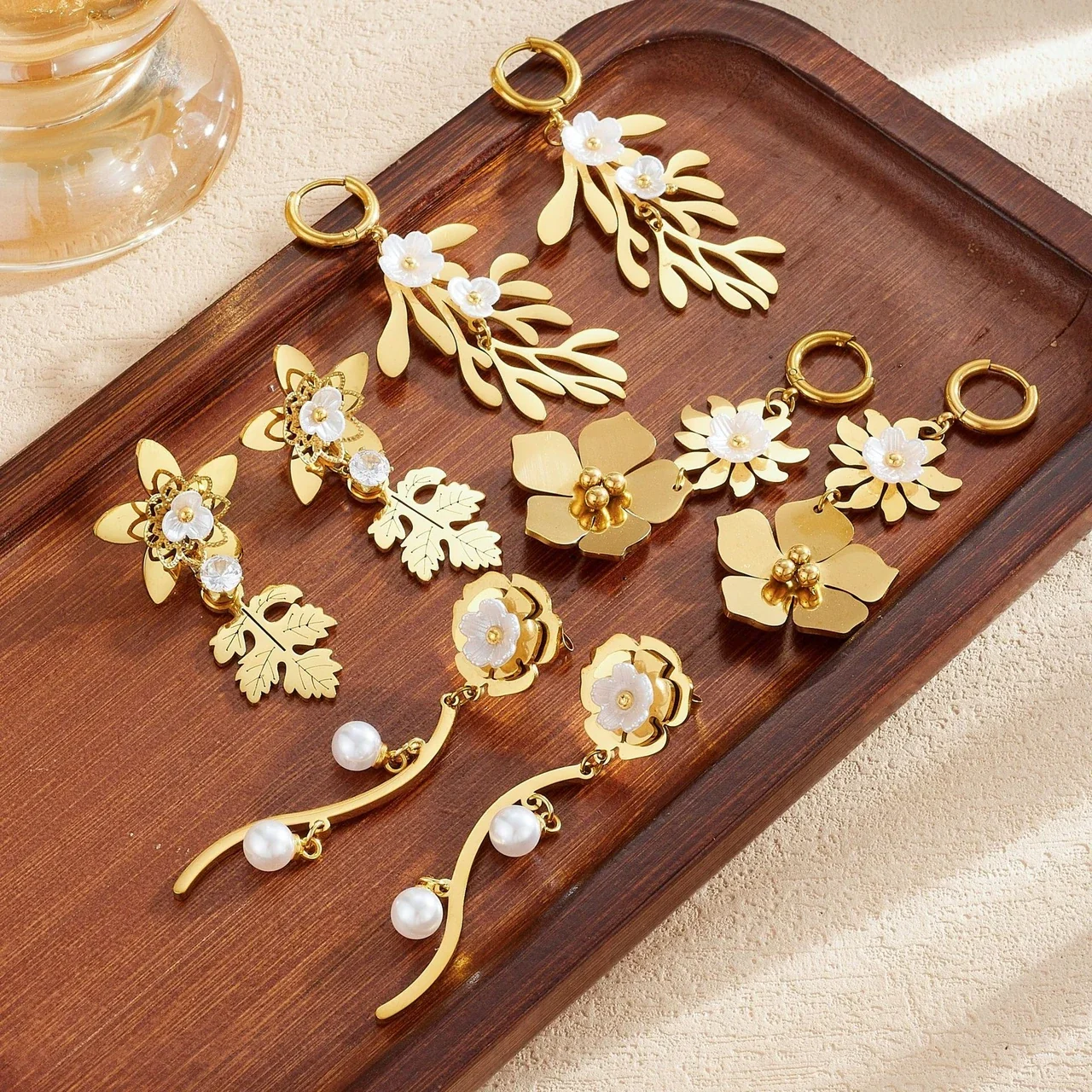 Drop Earrings with Floral Leaf Motifs, Gold-Plated Stainless Steel