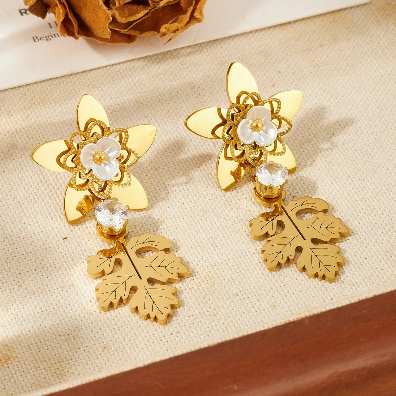 Drop Earrings with Floral Leaf Motifs, Gold-Plated Stainless Steel