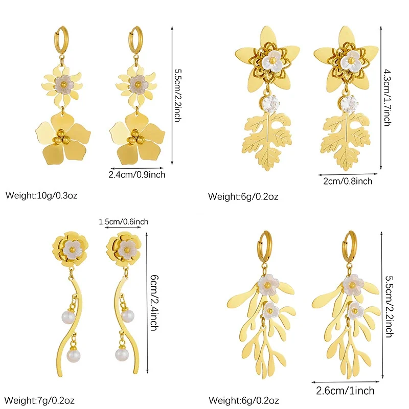 Drop Earrings with Floral Leaf Motifs, Gold-Plated Stainless Steel