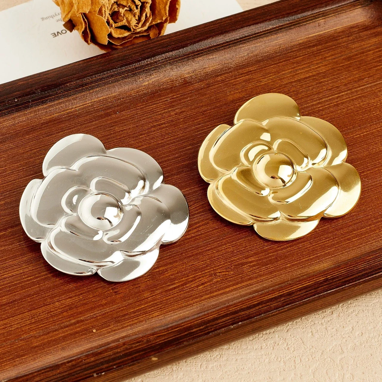 Camellia Brooch with Layered Petals, Gold-Plated Stainless Steel