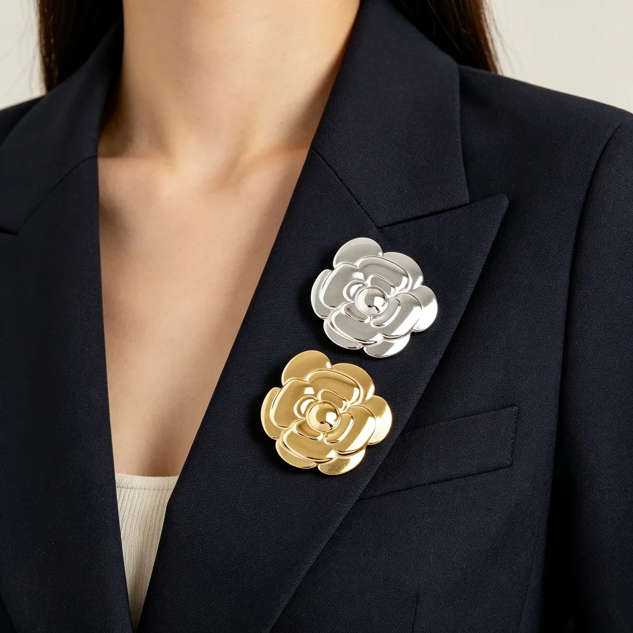 Camellia Brooch with Layered Petals, Gold-Plated Stainless Steel