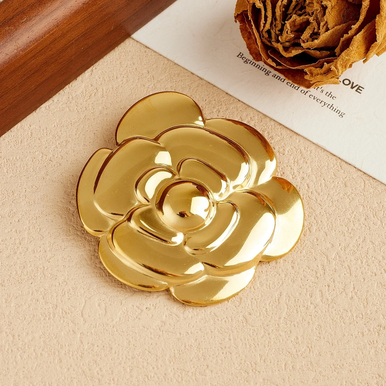 Camellia Brooch with Layered Petals, Gold-Plated Stainless Steel