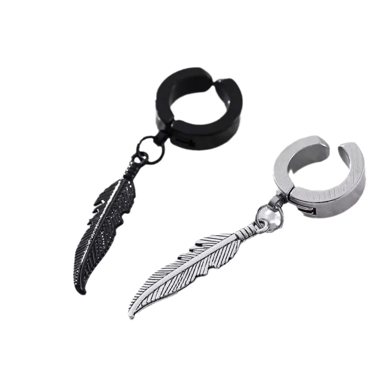 Edgy Stainless Steel Hoop Clip Feather Drop Earrings
