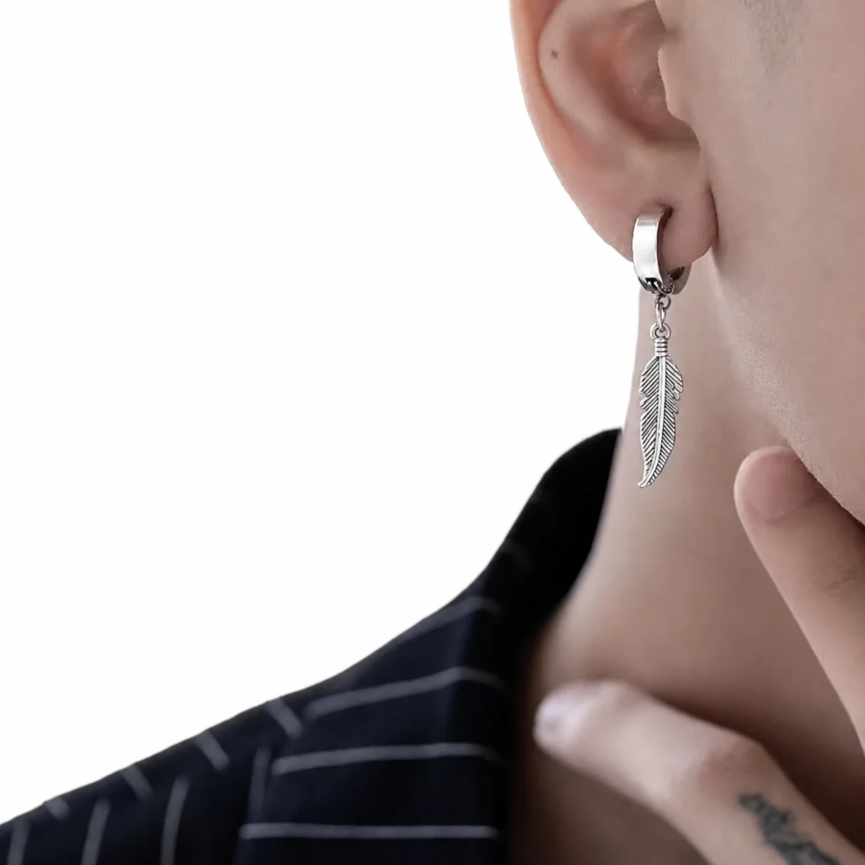 Edgy Stainless Steel Hoop Clip Feather Drop Earrings