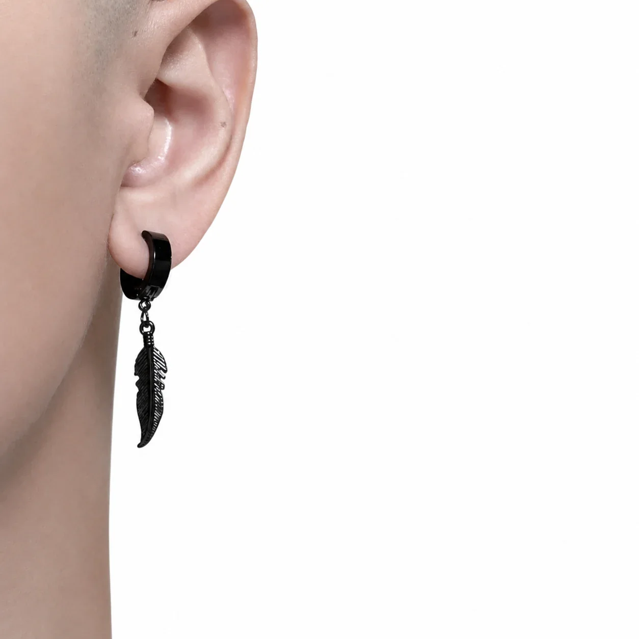 Edgy Stainless Steel Hoop Clip Feather Drop Earrings