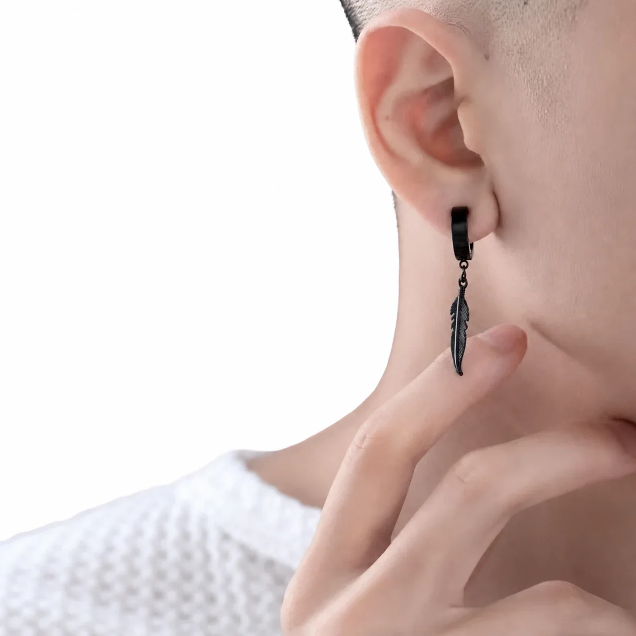Edgy Stainless Steel Hoop Clip Feather Drop Earrings