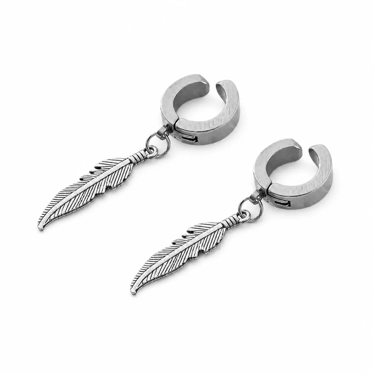 Edgy Stainless Steel Hoop Clip Feather Drop Earrings - Silver Feather Ear Clip Single