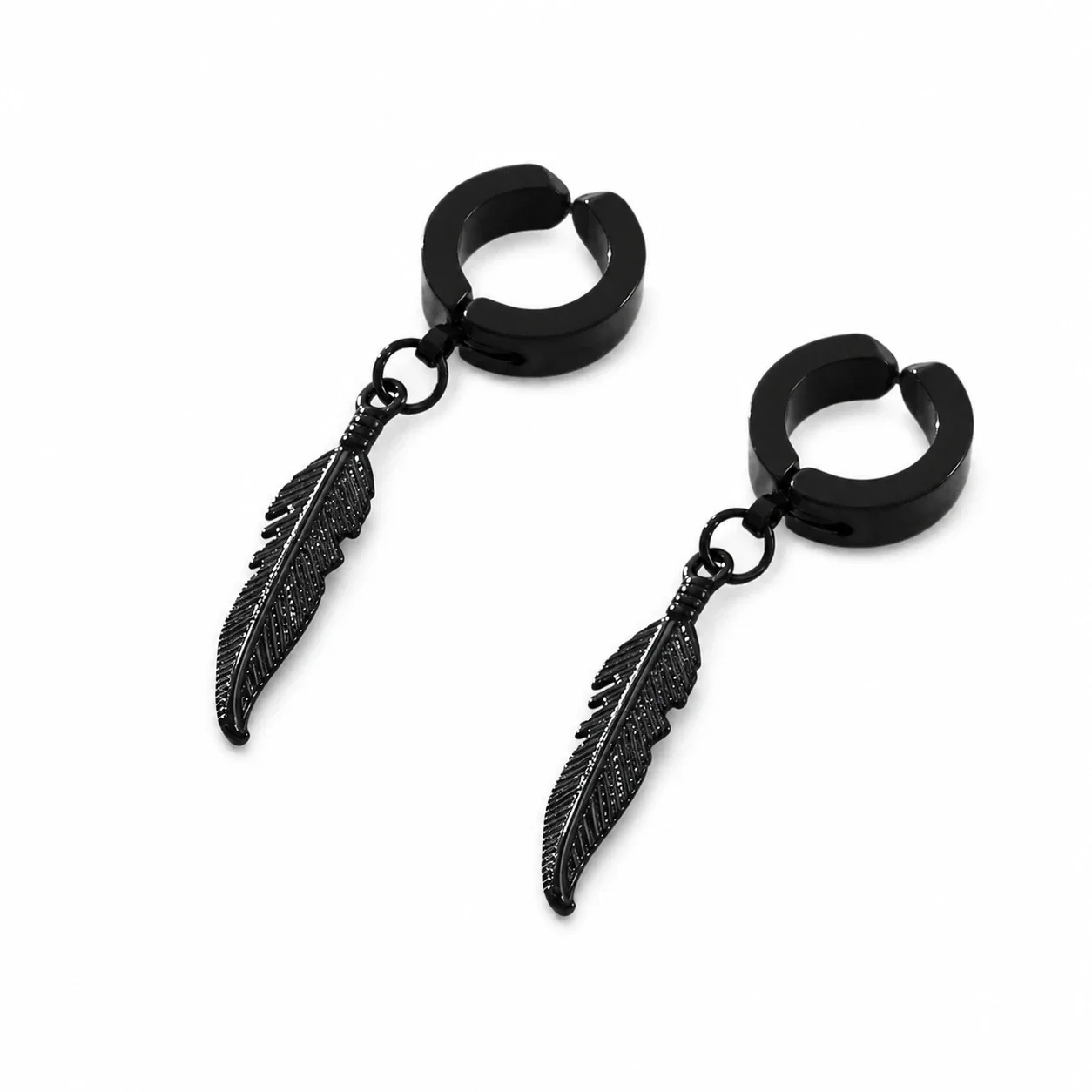 Edgy Stainless Steel Hoop Clip Feather Drop Earrings - Black Feather Ear Clip Single