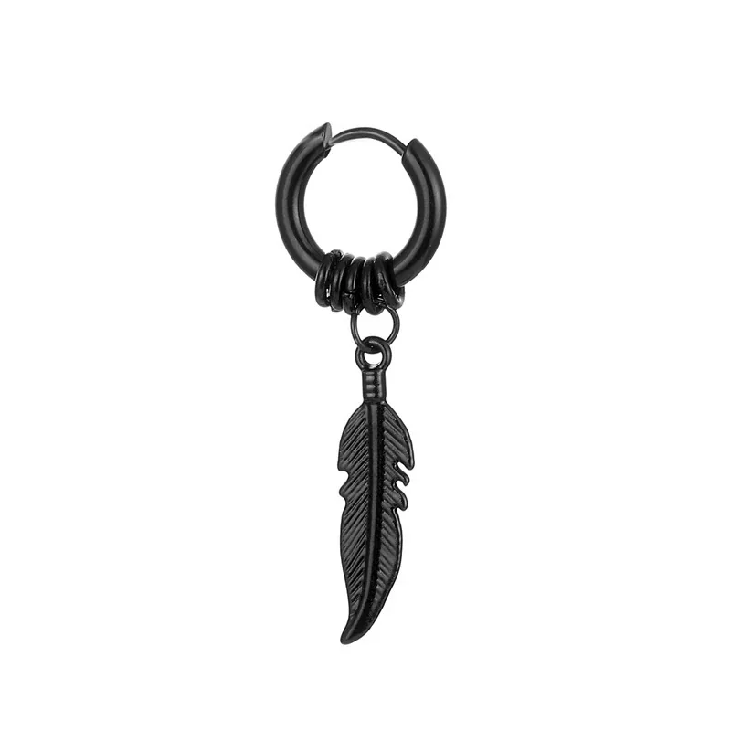 Edgy Stainless Steel Hoop Clip Feather Drop Earrings - Black - Feather Stud Single