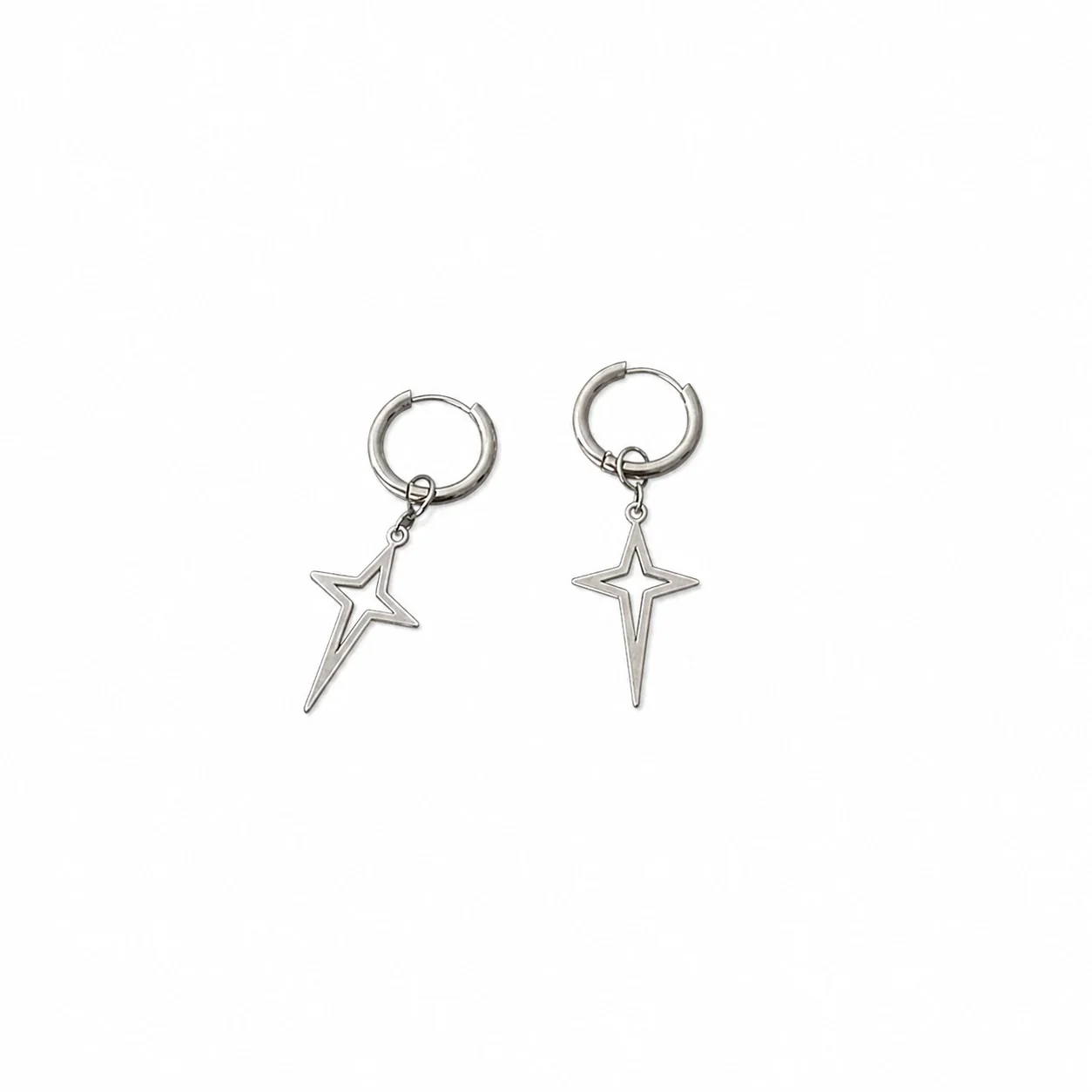 Graphic Stainless Steel Silver-Tone Star Huggie Earrings - Silver