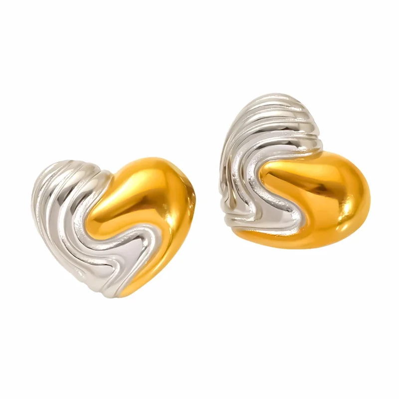 Sculptural Stainless Steel Two-Tone Heart Stud Earrings