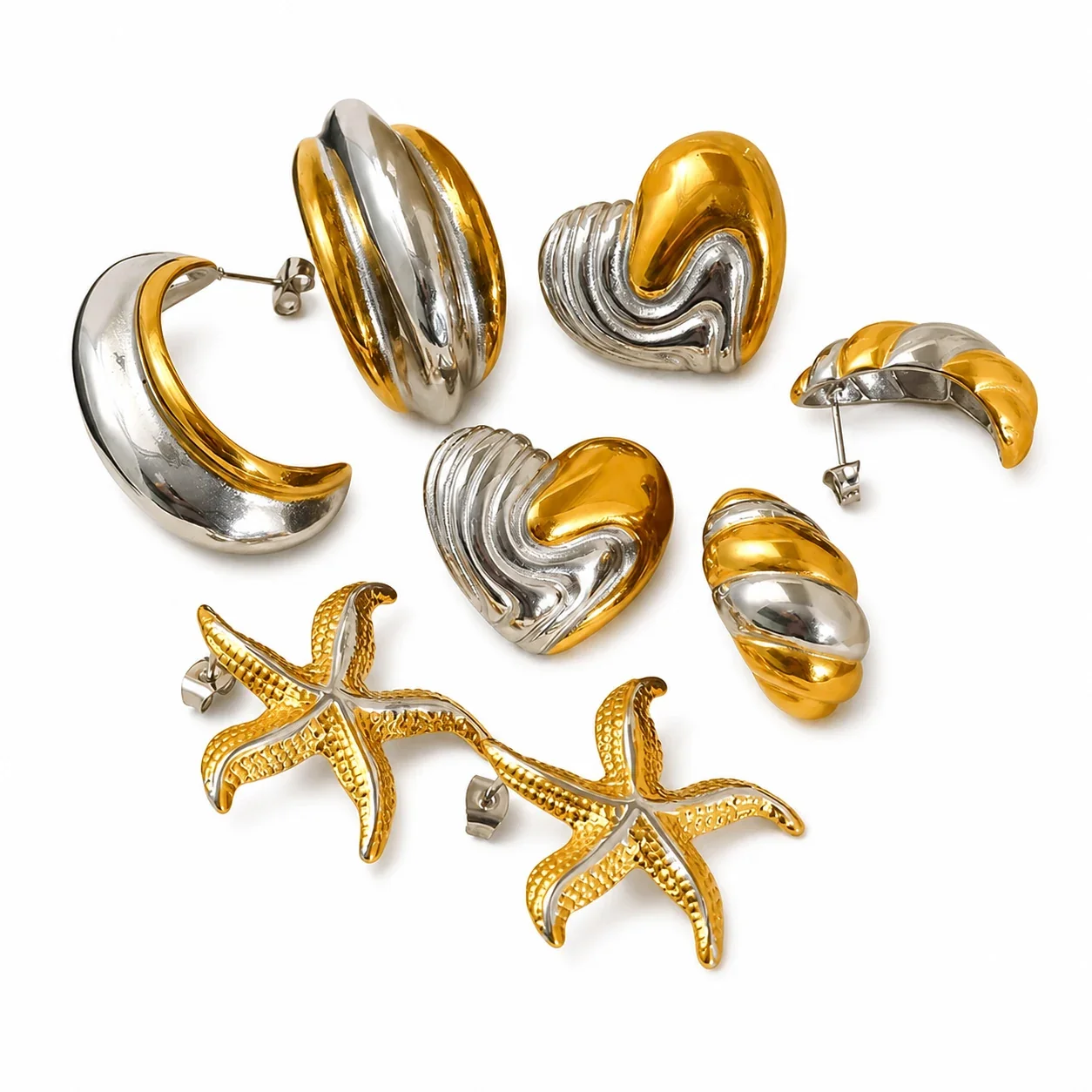 Sculptural Stainless Steel Two-Tone Heart Stud Earrings