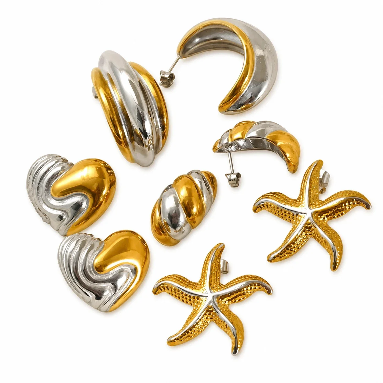 Sculptural Stainless Steel Two-Tone Heart Stud Earrings