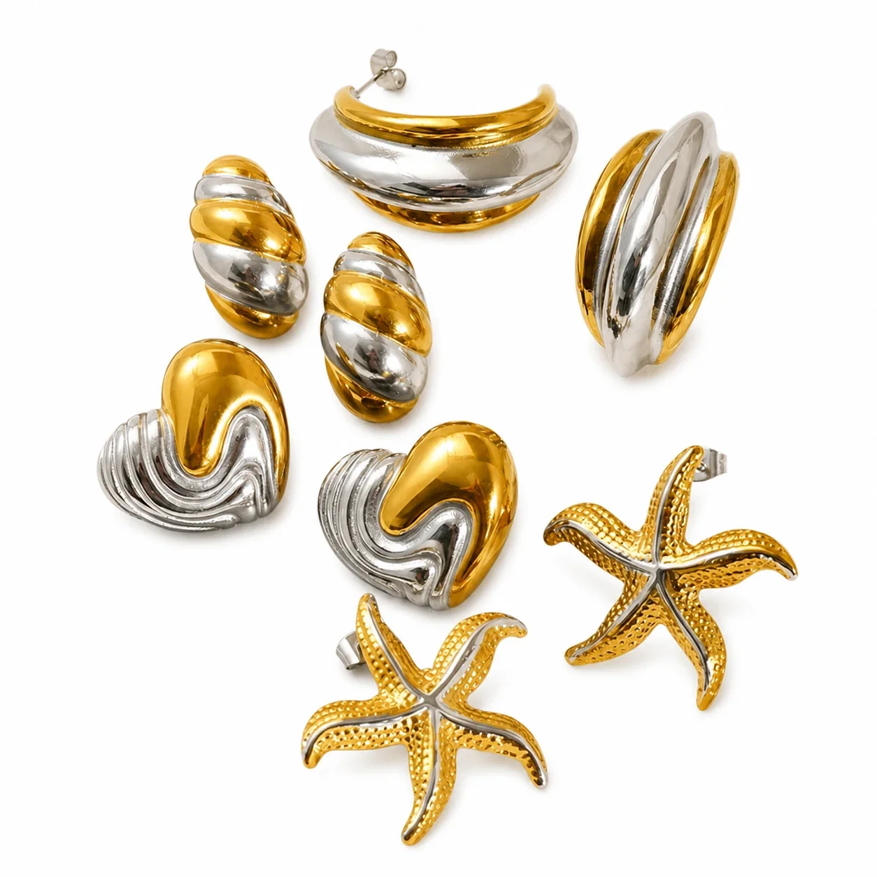 Sculptural Stainless Steel Two-Tone Heart Stud Earrings