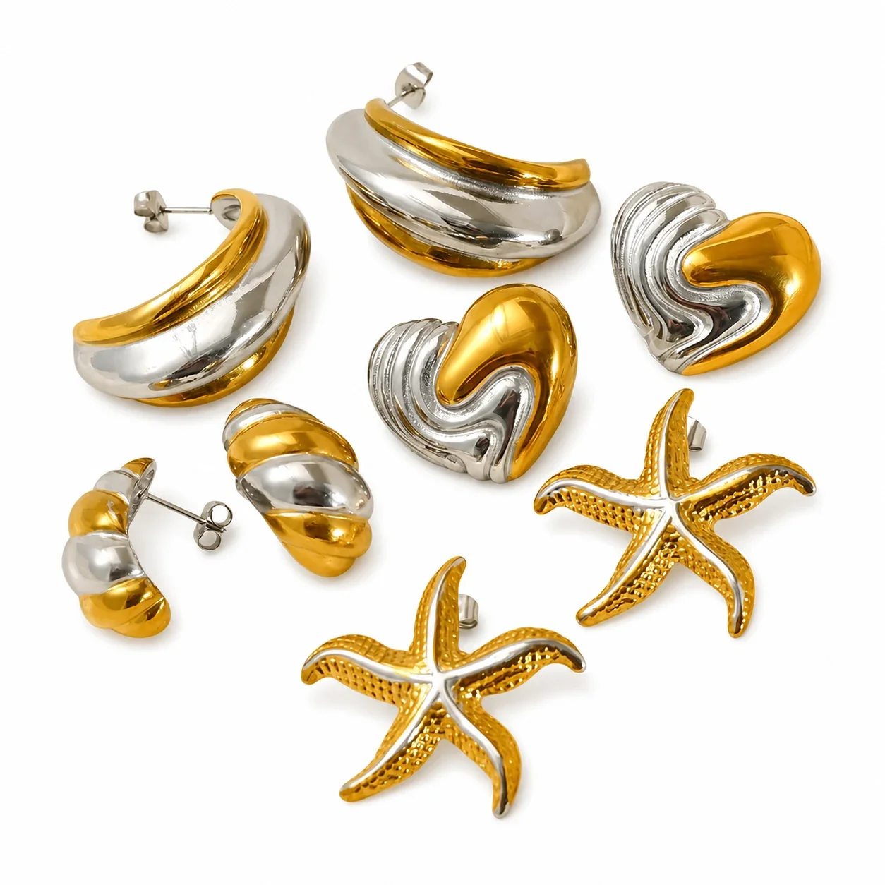 Sculptural Stainless Steel Two-Tone Heart Stud Earrings