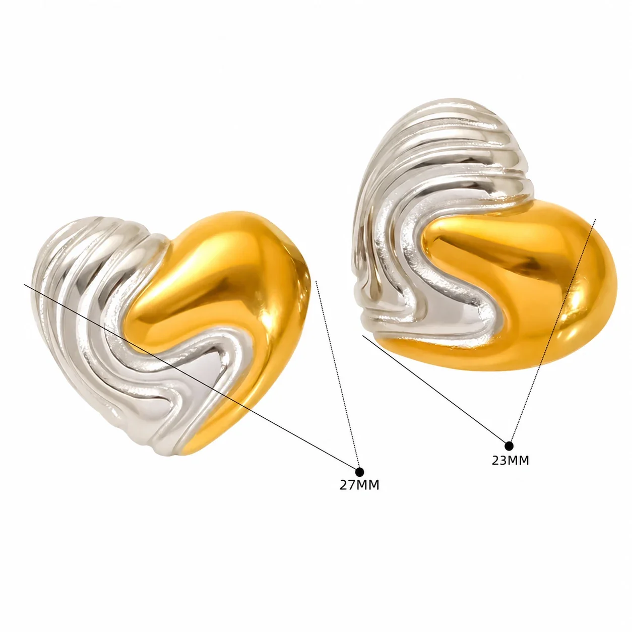 Sculptural Stainless Steel Two-Tone Heart Stud Earrings - Tone Heart