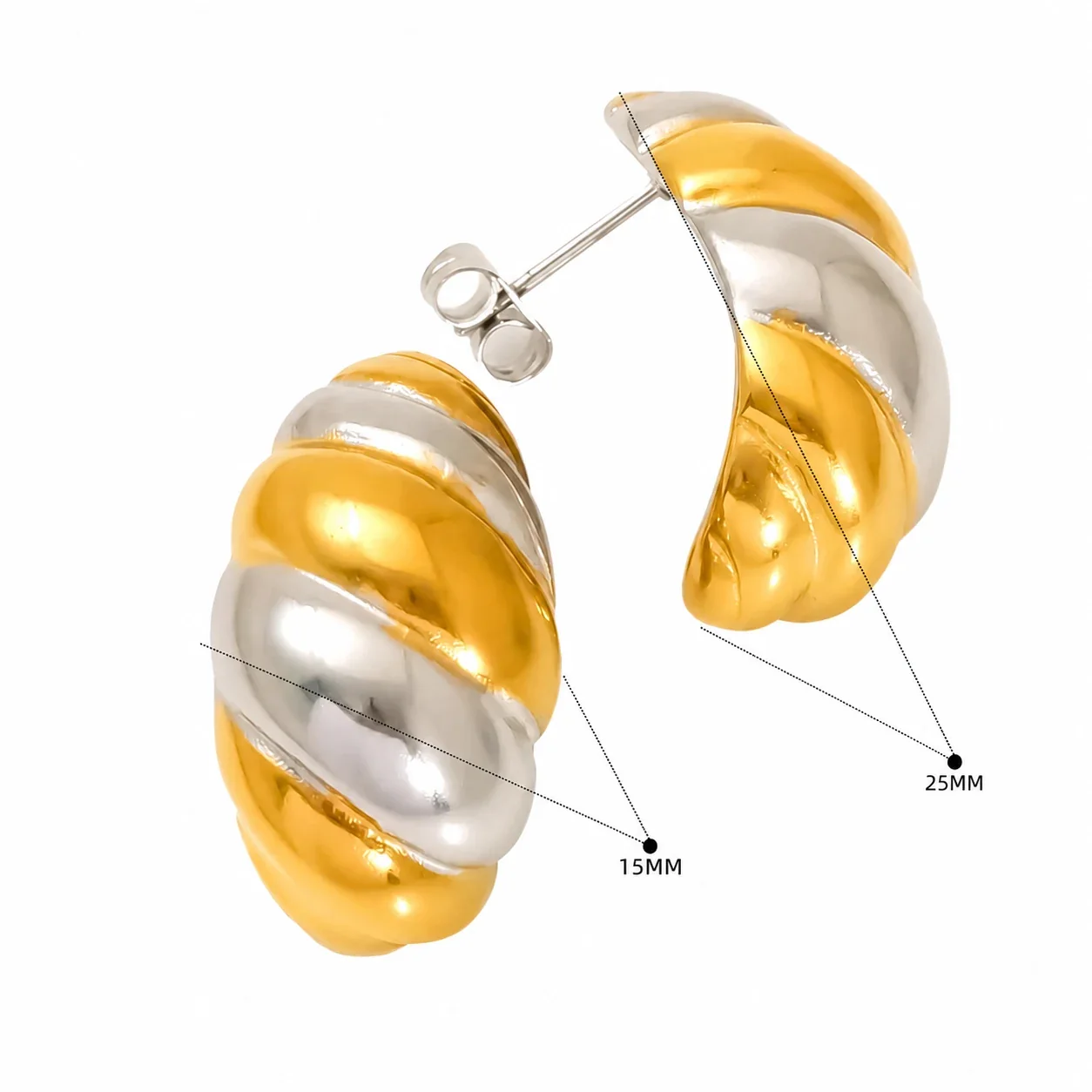 Sculptural Stainless Steel Two-Tone Heart Stud Earrings - Tone Ribbed Hoop