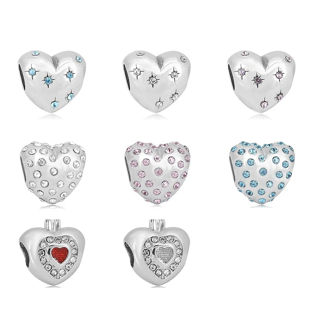 Polished Stainless Steel Crystal Heart Charm Bead