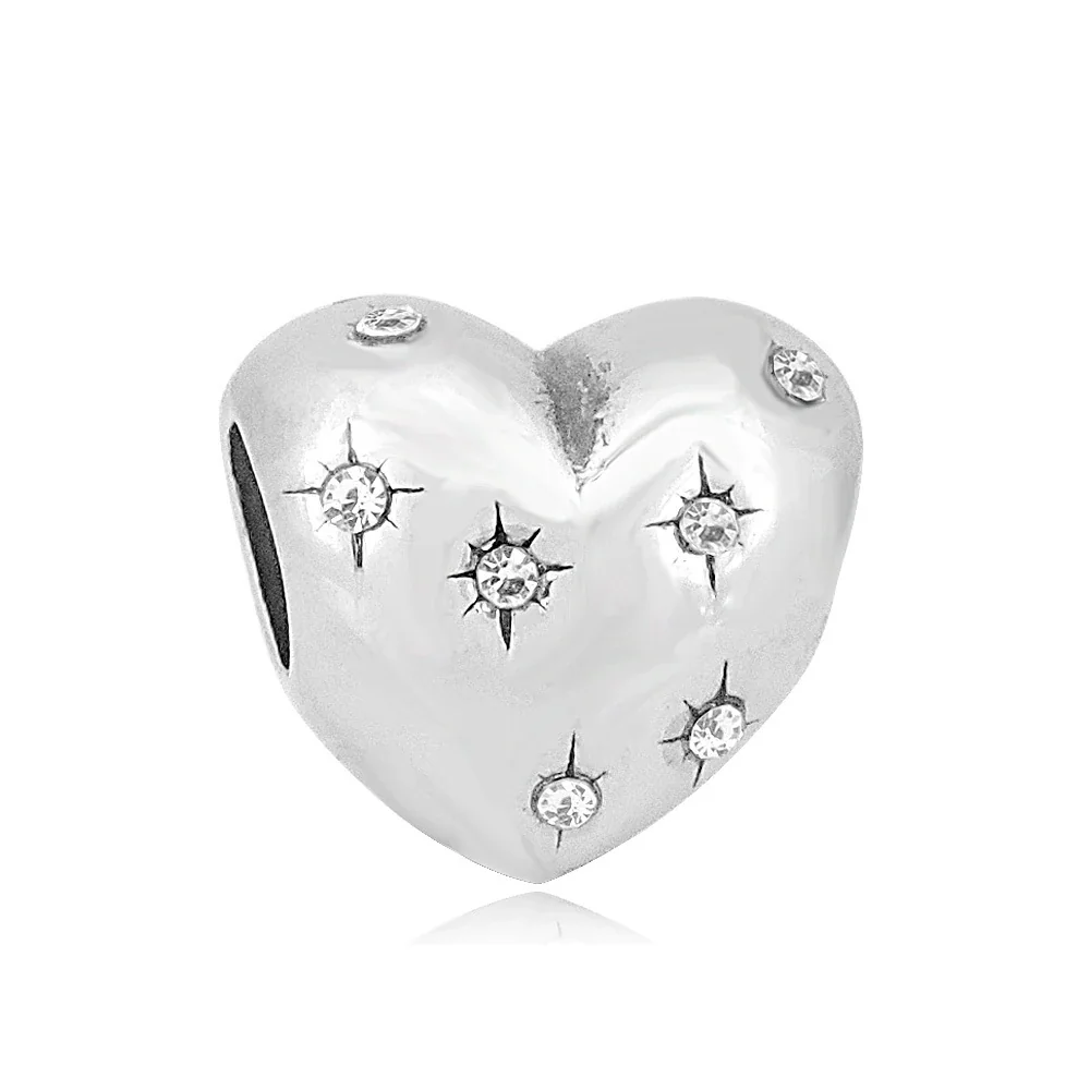 Polished Stainless Steel Crystal Heart Charm Bead