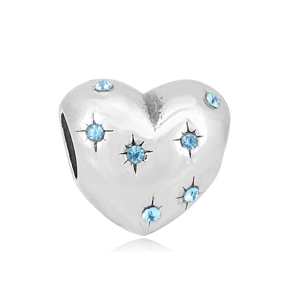 Polished Stainless Steel Crystal Heart Charm Bead - Blue Starburst Heart
