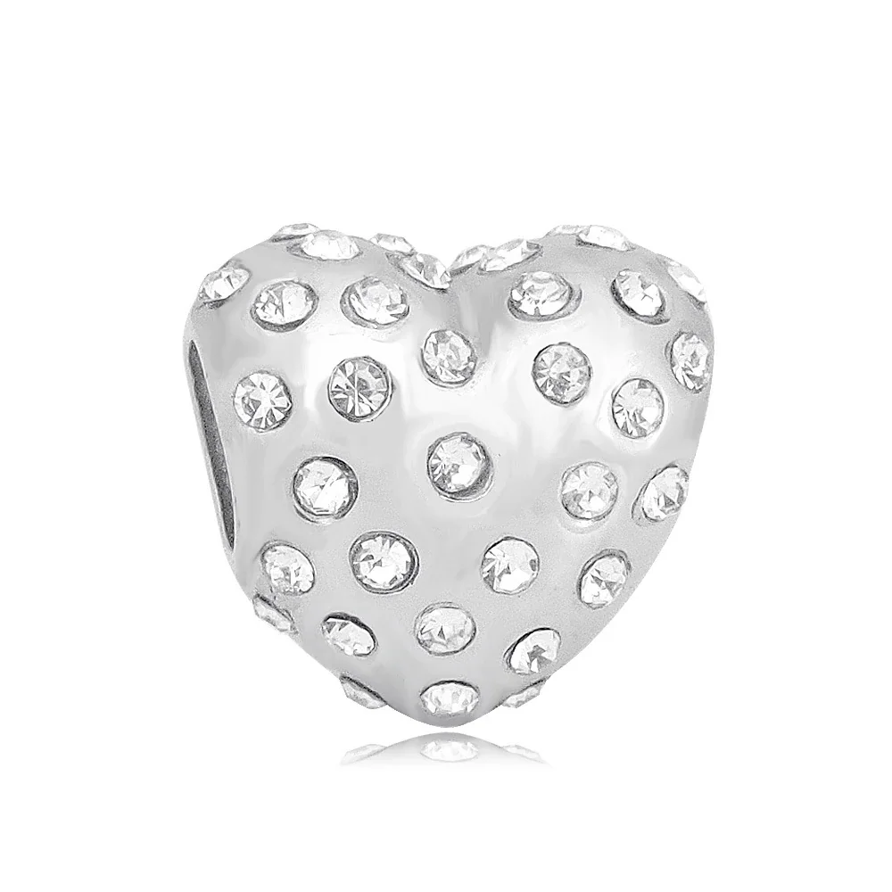 Polished Stainless Steel Crystal Heart Charm Bead - Clear Pave Heart