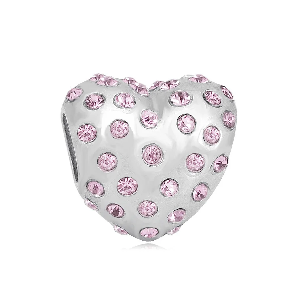 Polished Stainless Steel Crystal Heart Charm Bead - Pink Pave Heart