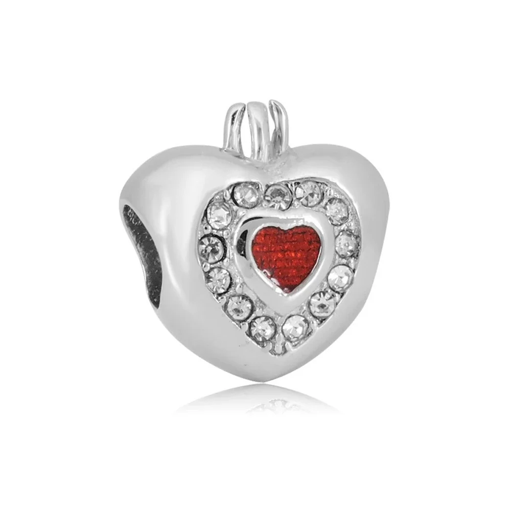 Polished Stainless Steel Crystal Heart Charm Bead - Red Center Heart