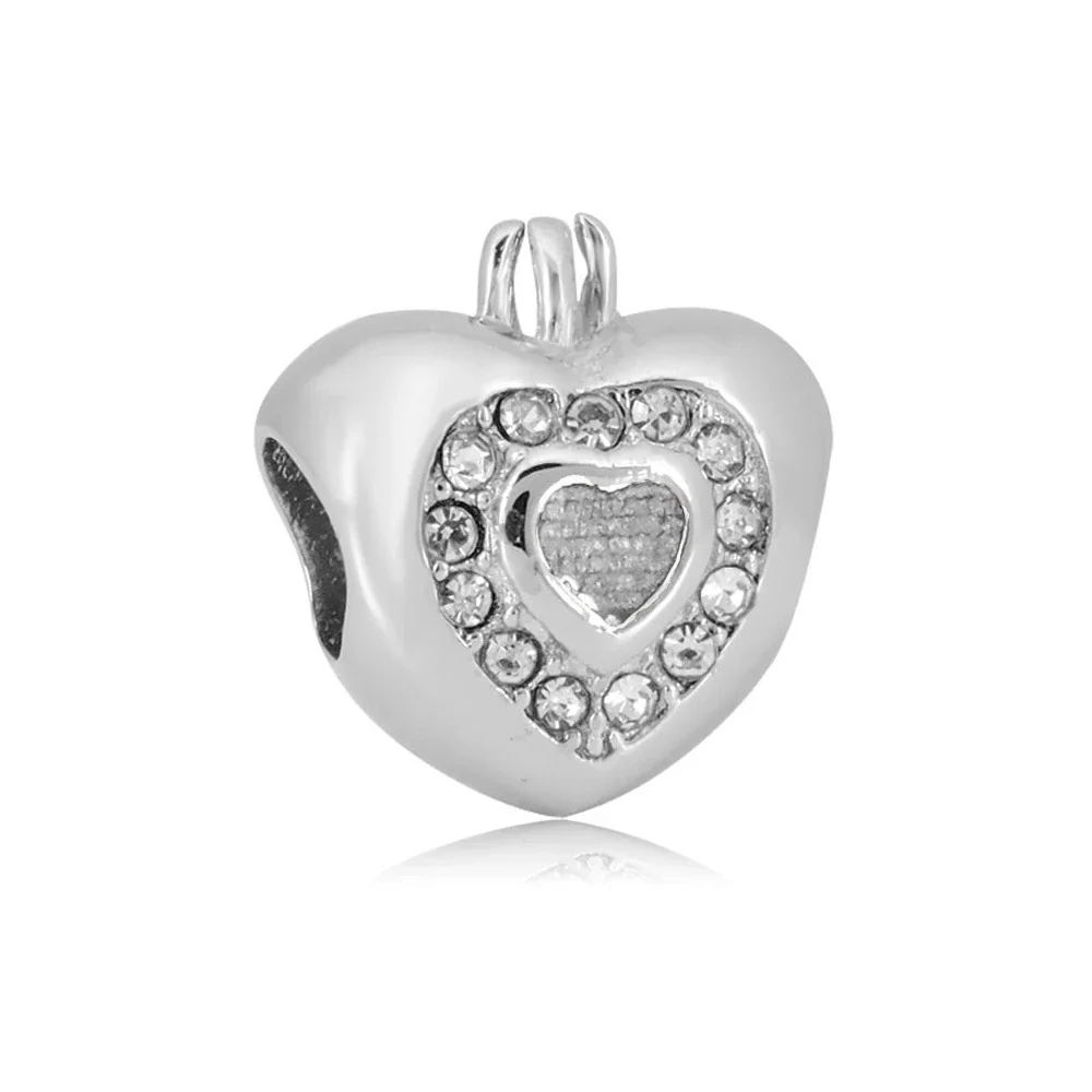 Polished Stainless Steel Crystal Heart Charm Bead - Clear Center Heart
