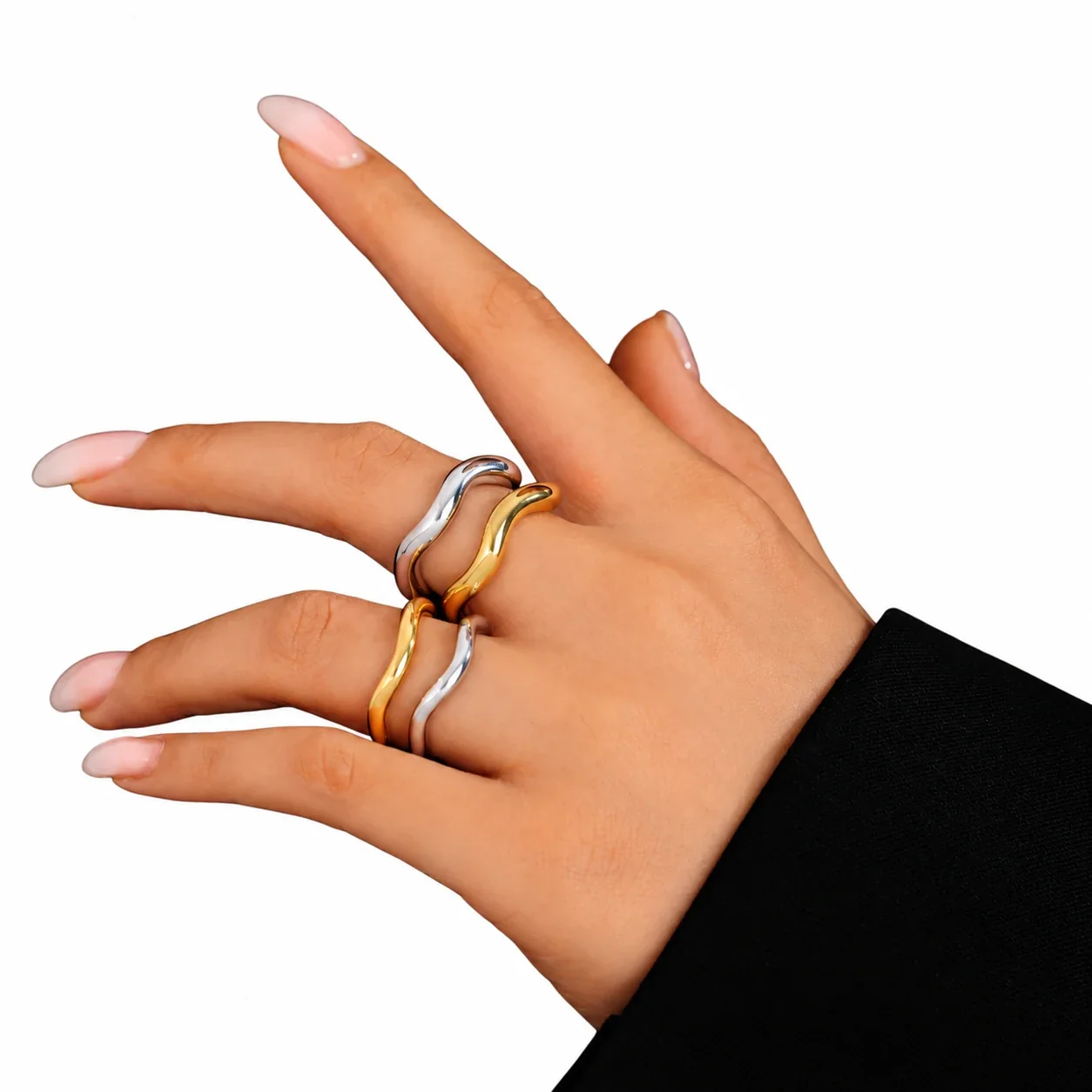 Wavy Band Ring with Rounded Square Profile, Stainless Steel